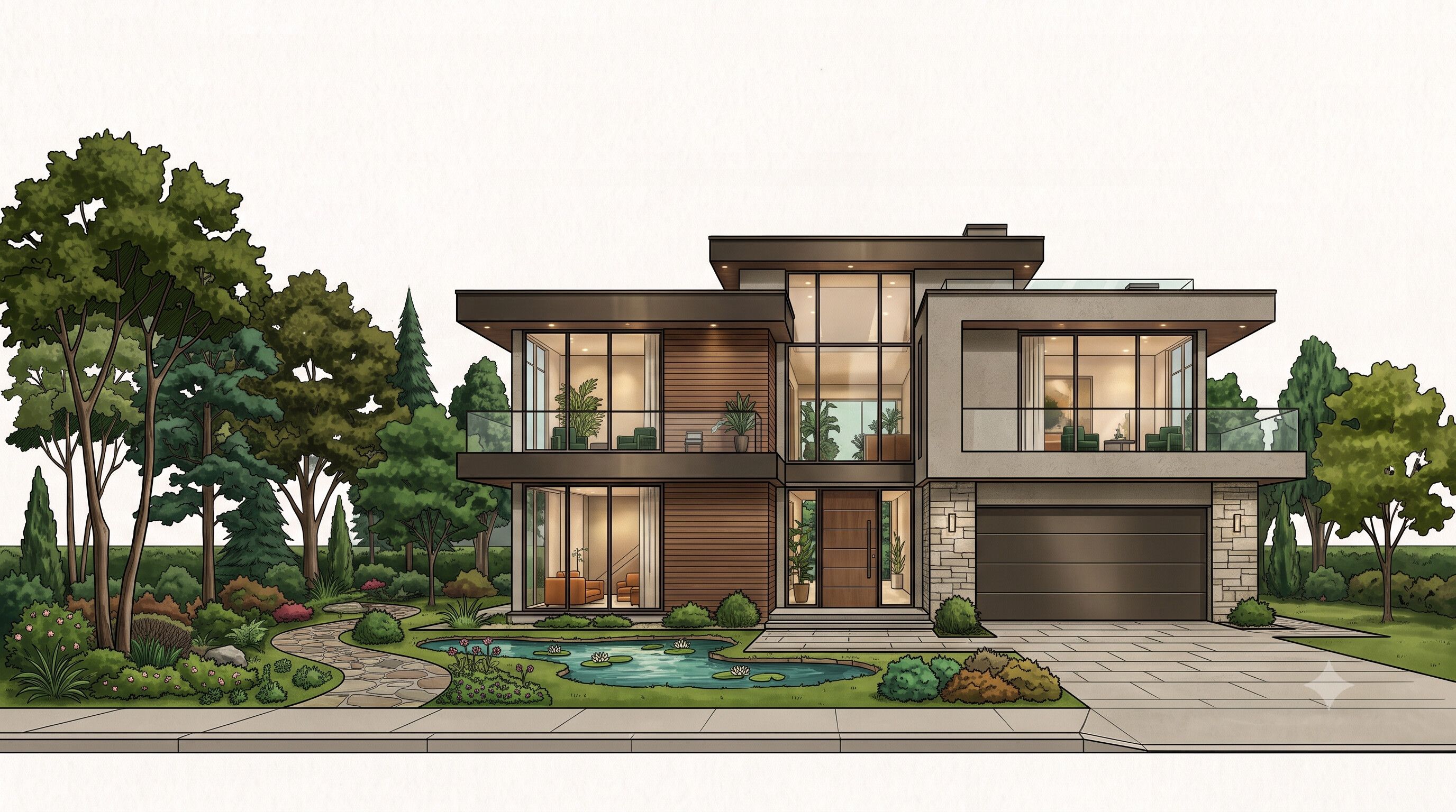 Coloured elevation of a two-storey modern house with a glazed entrance, timber cladding, stone piers and a landscaped garden with a pond
