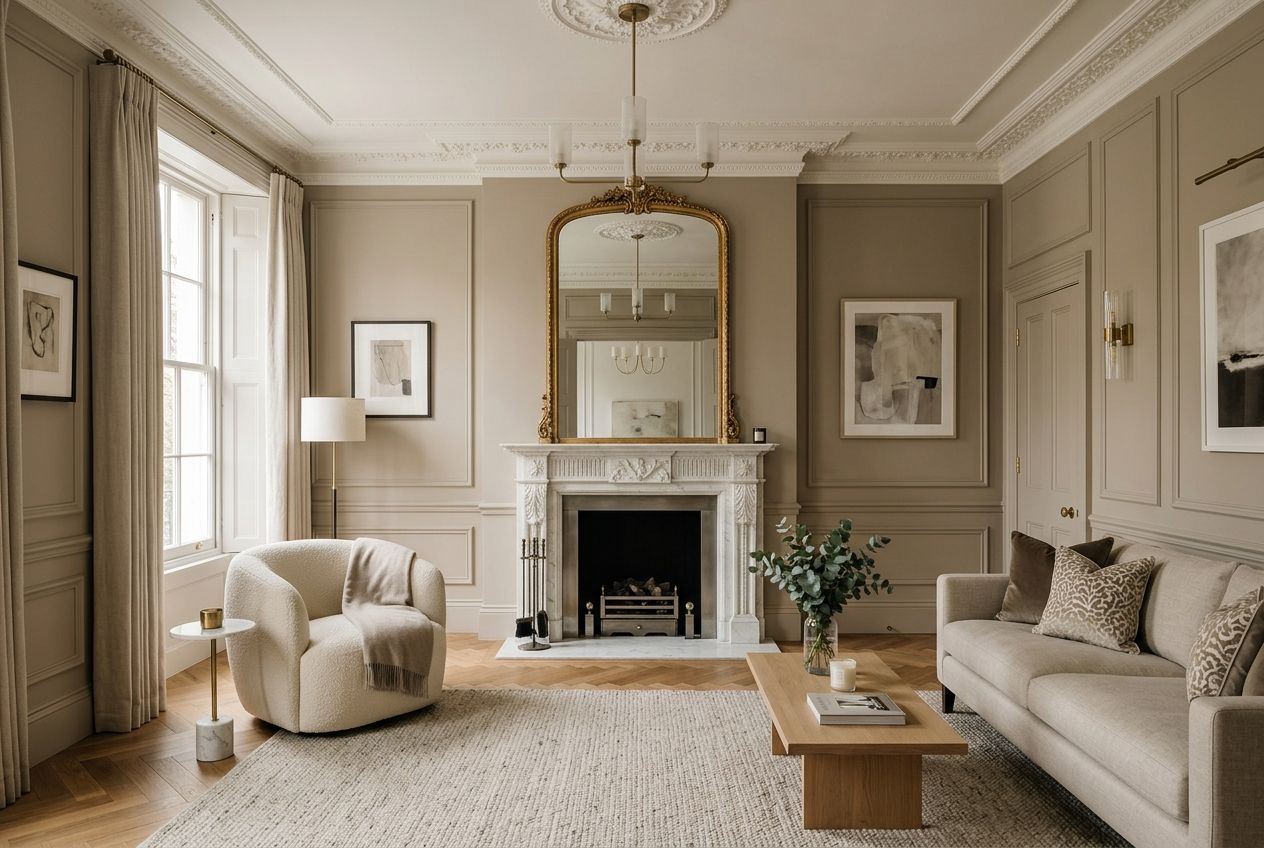 The first-floor drawing room looking towards the fireplace