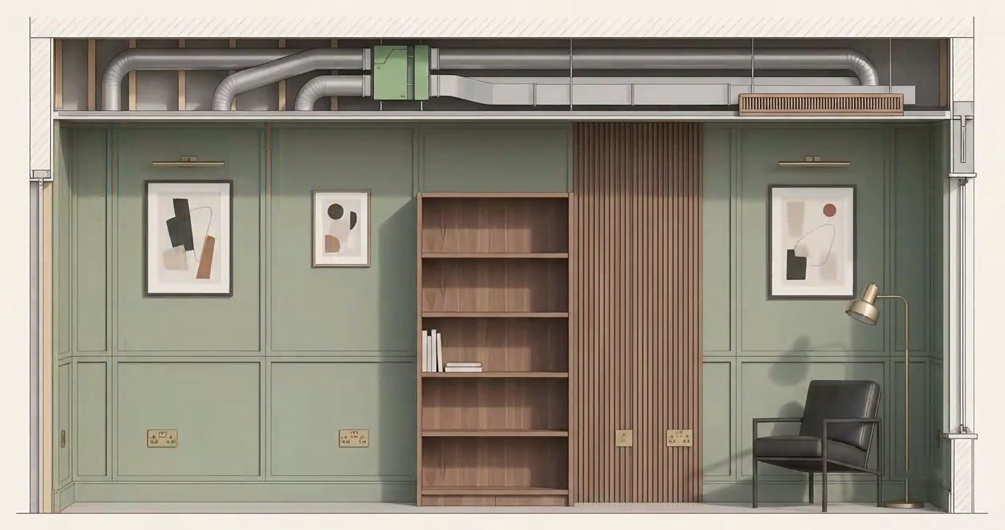A wall cut away as it is built, from timber studs, pipework, cabling and ductwork through joinery and plaster to a painted green room with framed art, a bookcase, fluted timber panelling and an armchair