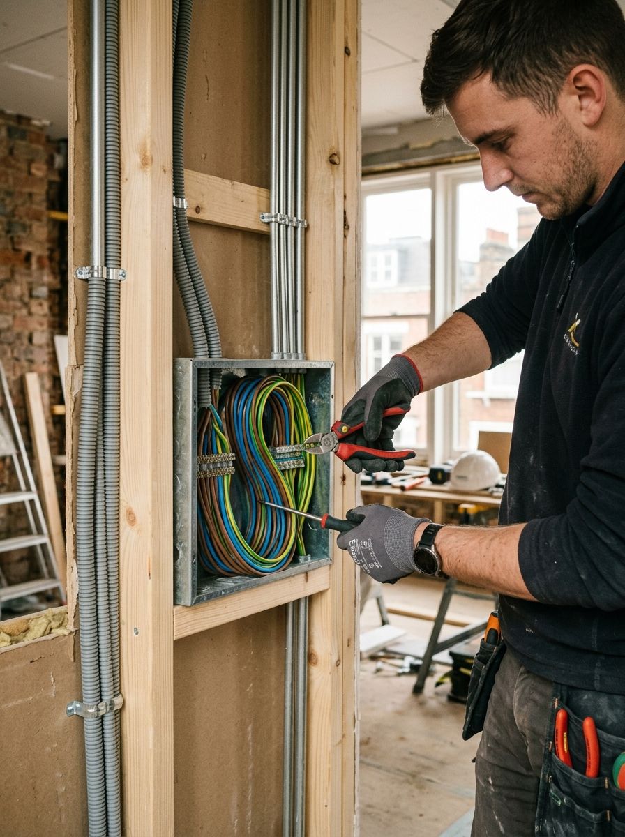 Electrician neatly terminating cabling at an architectural consumer unit