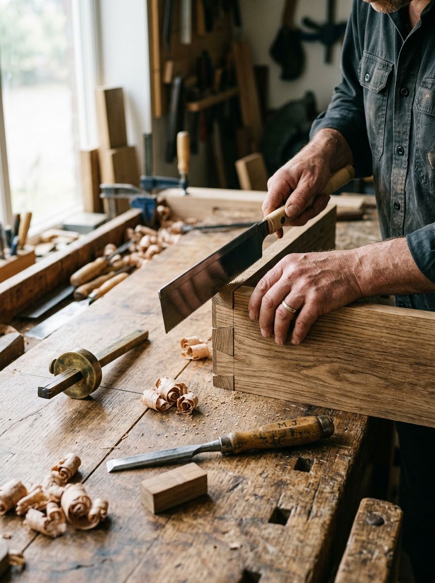 Joiner's hands working oak timber at the workbench with hand tools