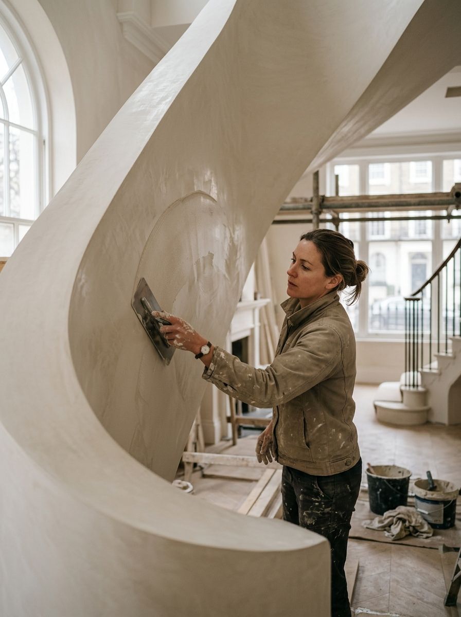 Plasterer troweling finish plaster across a curved staircase wall