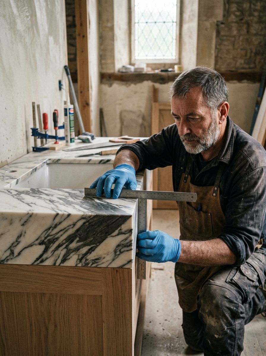 Stone mason measuring and fitting an Arabescato marble vanity top