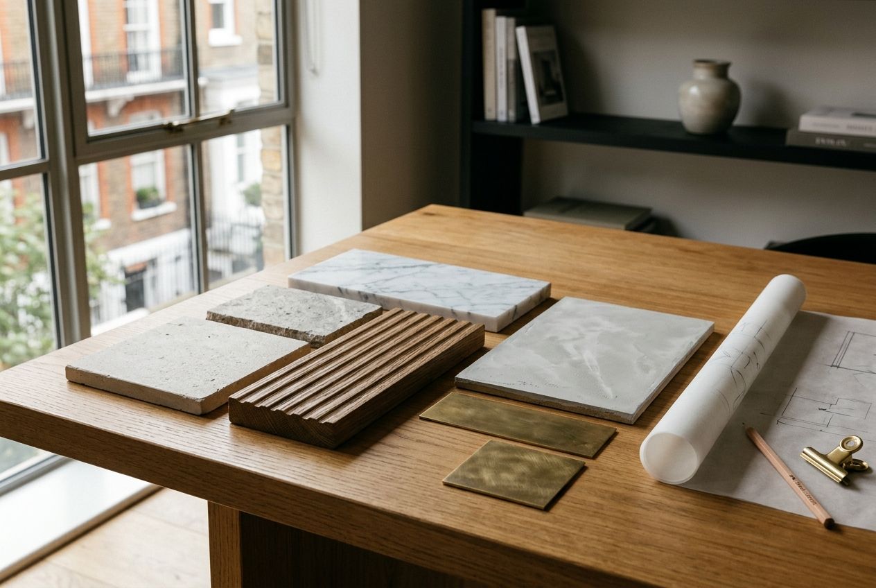 Natural stone, timber, lime plaster and brass finish swatches laid out on an oak studio consultation table